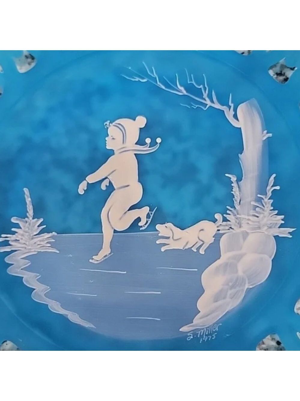 Vintage Westmoreland Glass Lattice Blue glass hand painted boy ice skating plate - Picture 2 of 4